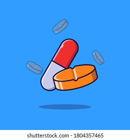 Ilustración de dibujos animados de estilo plano de comprimidos y cápsulas. El icono del concepto de salud aislado. Medicación, prescripción, cura, tratamiento y consulta.