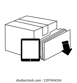 tablet cardboard box and folder downloading files black and white