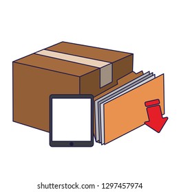 tablet cardboard box and folder downloading files blue lines