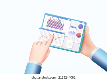 Tablet in cartoon hands with user interface demonstration, analytics, financial processes. Vector illustration in 3d style.