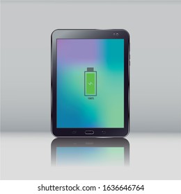 Tablet in charged mode. Drawing of a real tablet with a charged battery.