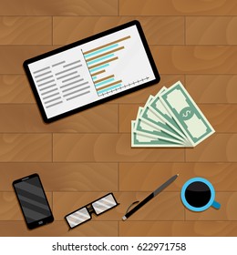 Tablet with chart and graph, vector research financial document illustration