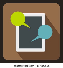 Tablet chatting icon in flat style on a coffee background vector illustration