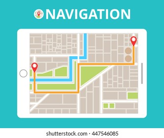 Tablet with city map gps navigator on the screen. Mobile navigation path on the road in city. Flat vector illustration.