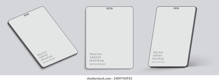 tablet clay mockup with blank screen in different angles view isolated on grey background. minimalist device with shadow for application design presentation. vector 3d isometric illustration