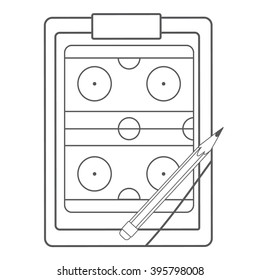 Tablet coach with tactical placement of teams, sports equipment black and white outline drawing.