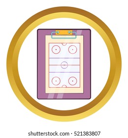 Tablet coach with tactical placement of teams vector icon in golden circle, cartoon style isolated on white background