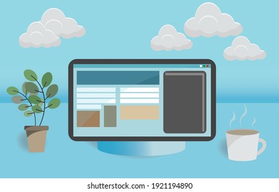 tablet with coffe cup with vest with cloud.