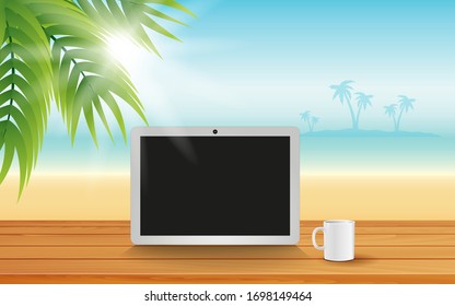 Tablet And Coffee Cup On The Wooden Table On The Beach