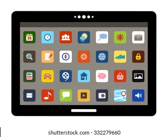 Tablet with colorful application icons. Tablet and icons - original design. Flat icon. Vector illustration
