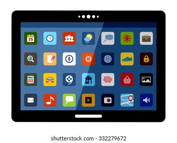 Tablet with colorful application icons. Tablet and icons - original design. Flat icon. Vector illustration