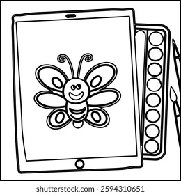 Tablet with coloring page and paints, perfect for kids.