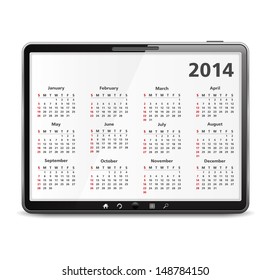 Tablet computer with 2014 calendar, vector eps10 illustration