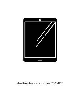 Tablet computer black glyph icon. Touch screen PC. Electronic gadget with touchpad. E-reader. Digital reading. Handheld mobile device. Silhouette symbol on white space. Vector isolated illustration