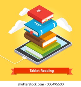 Tablet computer book reading and modern cloud technology mobile education concept. Flat style vector isolated illustration.