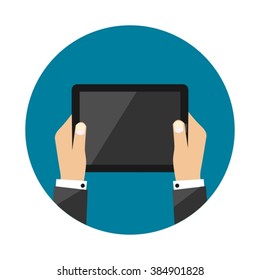 Tablet Computer In Business Man Hands Getting Blank Empty Symbol Sign Modern Flat Vector Illustration Design