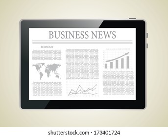 Tablet computer with business news on a screen