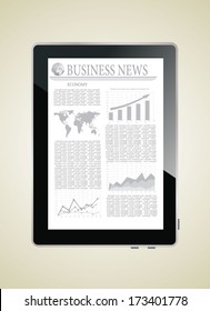 Tablet computer with business news on a screen