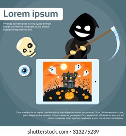 Tablet Computer Cartoon Grim Reaper Smile Hold Scythe Flat Vector Illustration