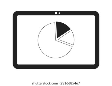 Computadora de tableta con un diagrama circular monocromo objeto vectorial plano. Emprendimiento. Icono de línea fina blanca y negra modificable. Ilustración puntual de clip de caricatura simple para diseño gráfico web