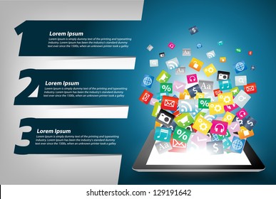 Tablet computer With Colorful application icon concept, With Modern Design template / infographics / numbered banners, Vector illustration presentations with letters numbers