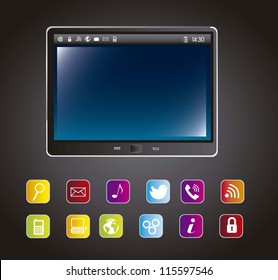 tablet computer with colorful icons over gray background. vector