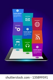 Tablet computer with creative folded paper modern template design, With cloud of colorful application icons Vector illustration