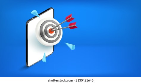 Tablet computer with darts .Vector banner with copy space