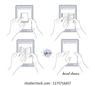 
Tablet computer or  e-book reader in the hand.  A viewing of books online library. Set of  different images in a sketch style.
Hand-drawn vector illustration. Isolated design elements. Clipart.