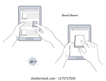 
Tablet computer or e-book reader in the hand.  A viewing of books online library. Set of two different images in a sketch style.
Hand-drawn vector illustration. Isolated design elements. Clipart.
