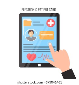 Tablet  computer with electronic patient card. Electronic medical card. Online medical card. Vector illustration.