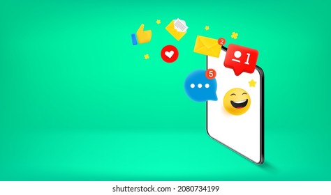 Tablet computer with emoticons. Vector banner with copy space