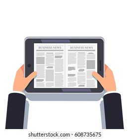 Tablet computer or eReader in businessman hands. Daily or weekly business news. Online media tabloid site concept. Flat style modern vector illustration isolated on white background. 