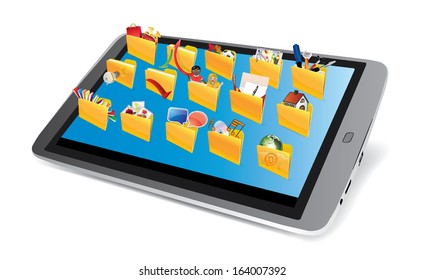 Tablet computer with folder icons isolated on white background. Media storage concept. Vector illustration
