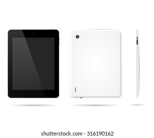 Tablet computer in front, back, side with the shadow realistic style