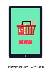 Tablet computer with full shopping basket on screen. Buy now icon. Shopping basket with products. Concept for mobile marketing and online shopping. Online payment. Vector illustration in flat.