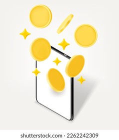 Tablet computer with golden coins. 3d vector illustration isolated on white background