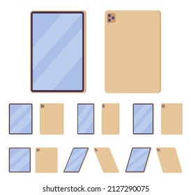 Tablet computer, golden vertical mobile computing device. Office, home gadget without power button. Vector flat style cartoon illustration isolated, white background, different views, positions