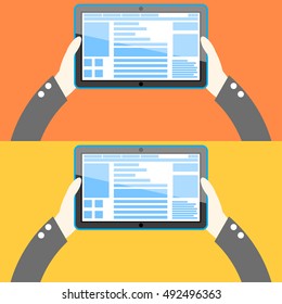 Tablet computer in hand. Flat design. Vector Illustration