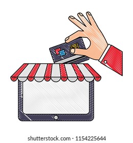 tablet computer hand holding credit card buy online