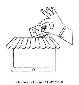 tablet computer hand holding credit card buy online