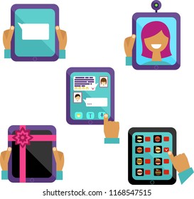 tablet computer in hand. set of icons