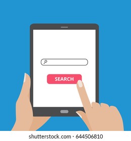 Tablet computer with hand touching the screen with search bar and search button. Mobile search flat design concept.