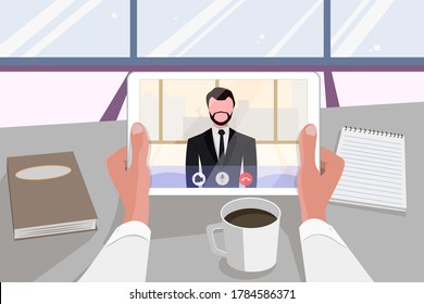 tablet computer in hands. The manager in the office communicates with the subordinate remotely. Videoconference, online training, online meeting, webinar, training, negotiations. Vector flat image