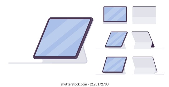 Tablet computer, horizontal mobile computing device, stand folio white case. Office, home, study gadget. Vector flat style cartoon illustration isolated, white background, different views and position