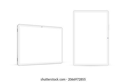 Tablet Computer Horizontal And Vertical White Mockup, Front, Side View. Vector Illustration