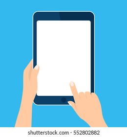 Tablet computer icon. Hand holding and touch device. Template vertical blank white screen, mock up. Sign isolated on blue. Vector cartoon flat illustration for web site, app, UI