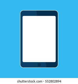 Tablet computer icon. Template vertical blank white screen, mock up. Device isolated on blue. Vector cartoon flat illustration for web site, app, UI