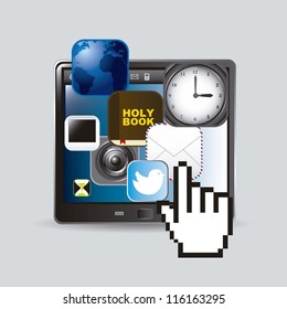 tablet computer with icons of apps and cursor hand. vector