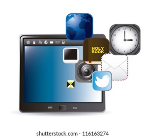 tablet computer with icons of apps over white background. vector